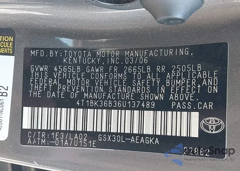 2006 Toyota Avalon Xls из США, поврежденный, VIN 4T1BK36B36U137489